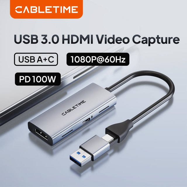 CABLETIME 4K UHD Video Capture Card mit USB-C und PD 100W in Silber für PC-Gaming und Live-Streaming - Bild 1