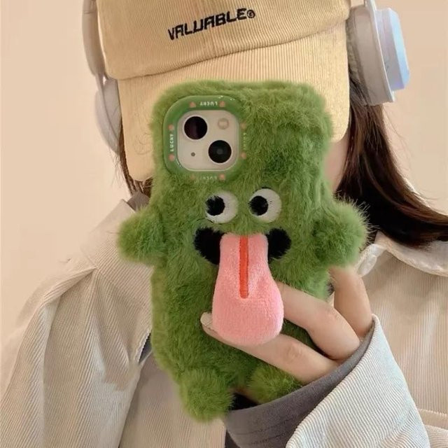 Lustige Monster Handytasche mit magnetischer Plüsch-Zunge für iPhone und Samsung in Grün - Bild 1