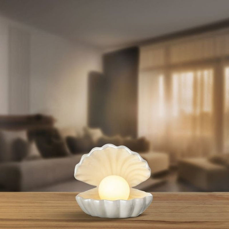 Moderne LED-Muschel aus Keramik in Weiß mit warmweißem Licht, B/T/H: 15 x 15 x 14 cm - Bild 1