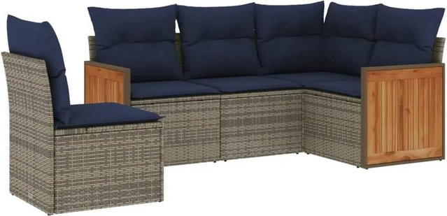 vidaXL 5-tlg Gartensofa-Set in L-Form aus Polyrattan mit Kissen in Grau und Blau - Bild 1