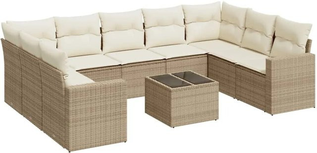 vidaXL 10-teilige Garten-Sofagarnitur aus Poly-Rattan mit Kissen in Beige-Creme - Bild 1