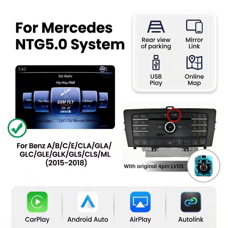 BONROAD Kabelloses CarPlay und Android Auto Navigationsmodul für Mercedes Benz A B C E Klasse GLA CLA GLC GLK NTG4.5 NTG4.7 NTG5.0 in Schwarz mit Wi-Fi und Bluetooth - Bild 8