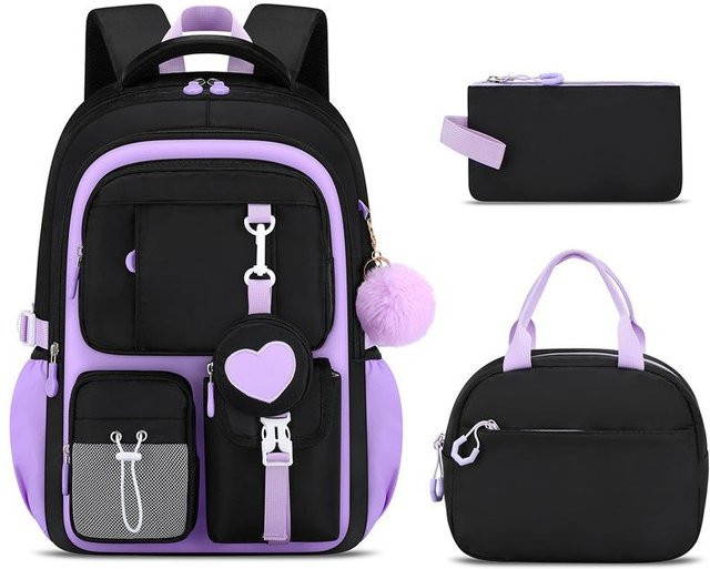 Fancy Style Studio Schulrucksack-Set für Mädchen in Pink und Purple mit Brotdose und Federmäppchen aus Nylon - Bild 1