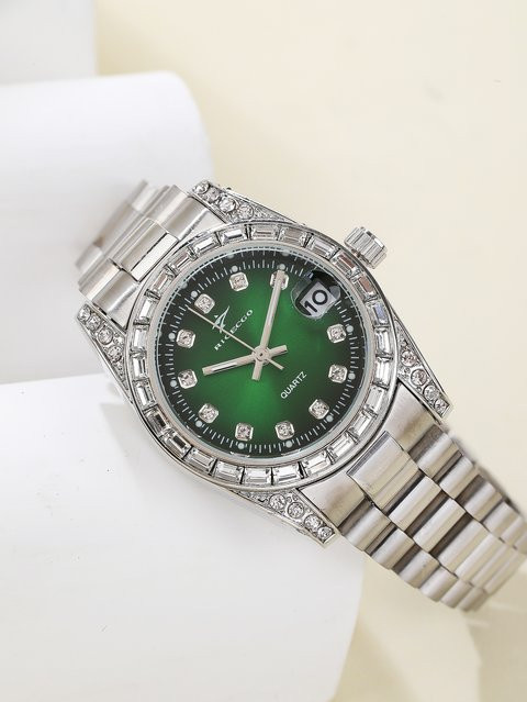 Armbanduhr Damen, Quarz, Edelstahl, grünes Zifferblatt, Diamantbesetzt - Bild 1