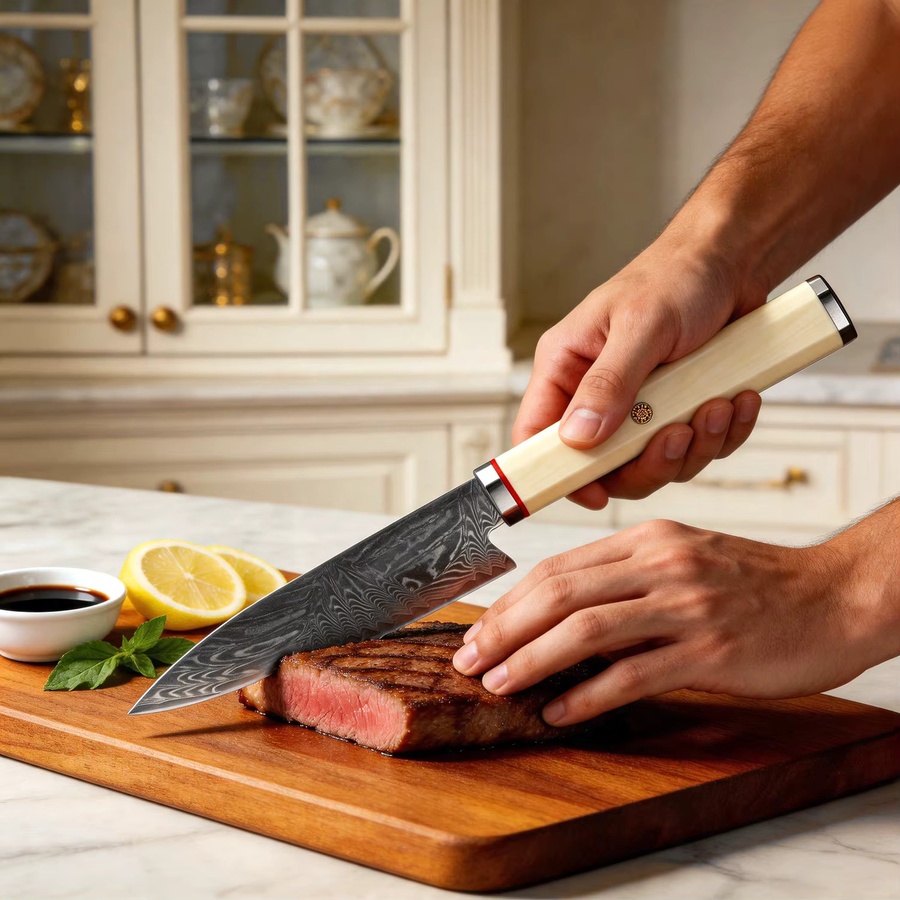 XITUO Kiritsuke Schälmesser Set aus Damaszener Stahl mit weißem achteckigem Griff - Bild 5