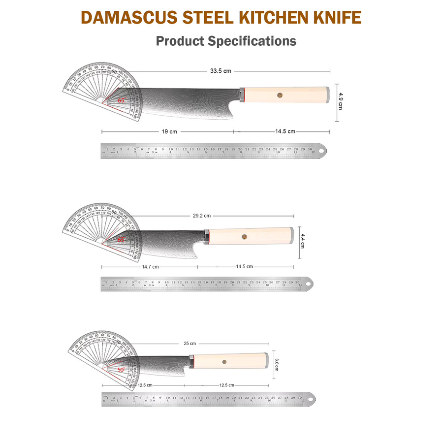 XITUO Kiritsuke Schälmesser Set aus Damaszener Stahl mit weißem achteckigem Griff - Bild 2
