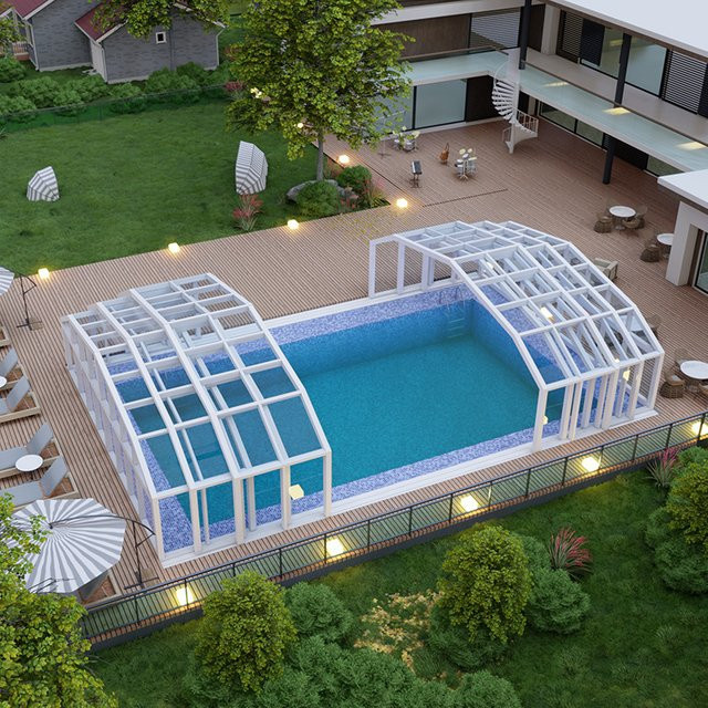 Elektrische Flachdach-Gewächshauskonstruktion aus gehärtetem Glas mit automatischer teleskopischer Schiebeabdeckung für Schwimmbecken und Solaranlagen in Weiß - Bild 1
