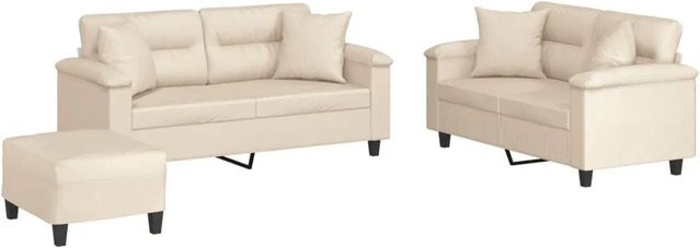vidaXL 3-teilige Sofagarnitur aus Mikrofasergewebe in Beige mit 2 x 2-Sitzer-Sofas, 1 x Fußhocker und 4 Kissen - Bild 1