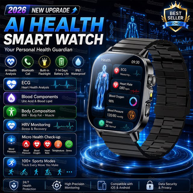 TAVYU Smartwatch mit EKG und PPG zur Gesundheitsdiagnose in Schwarz - Bild 1