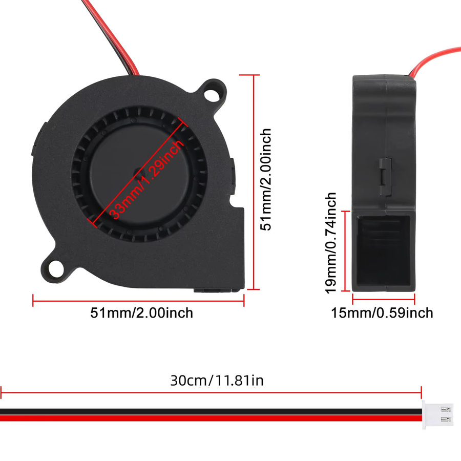 AOKIN Bürstenloser 5015 Turbinenlüfter mit Doppelkugellager, 12/24V DC, 2PIN, Schwarz, B: 50 mm, H: 15 mm - Bild 2