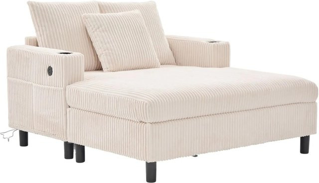 PXloue Relaxsessel Lounge Sessel aus Corduroy in Beige mit LED, USB und Getränkehalter sowie Massivholzrahmen, B/T/H: 134 x 85 x 128 cm - Bild 1