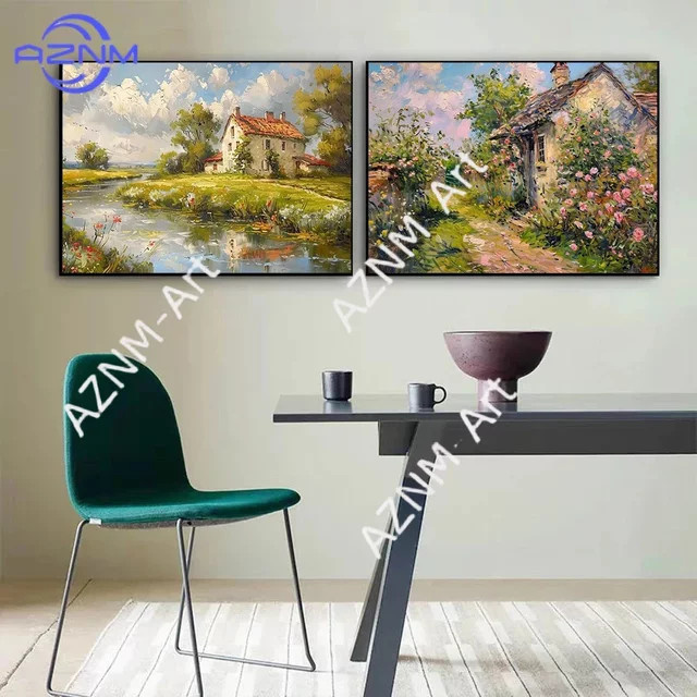 KAYOU Kunstposter Retro Frühlingsgarten mit romantischer Hütte als Leinwanddruck in Mehrfarben - Bild 1