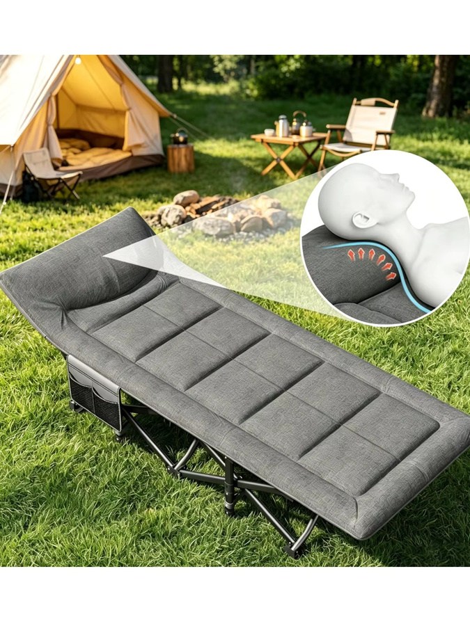 HGTUGO Tragbares Campingbett in Grau mit Kissen und Seitentasche, klappbares Schlafbett für Reisen und Wandern - Bild 1