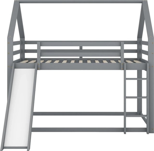 okwish Kinder-Etagenbett im Hüttenstil mit Rutsche und Stauraumtreppe, Farbe: Grau, B/T/H: 200 x 140 x 188 cm - Bild 1