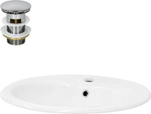LuxeBath Keramik Waschbecken Weiß mit Ablaufgarnitur Silber und Überlauf B: 57 cm, T: 48,5 cm, H: 19,5 cm - Bild 1