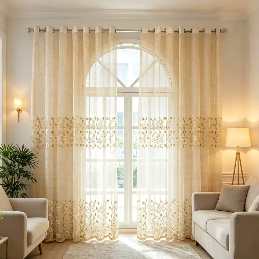CENTURyMiG Transparenter Vorhang mit Vintage-Blumenmuster und Stickerei in Beige, Ringaufhängung, B: 100 cm, H: 200 cm - Bild 2