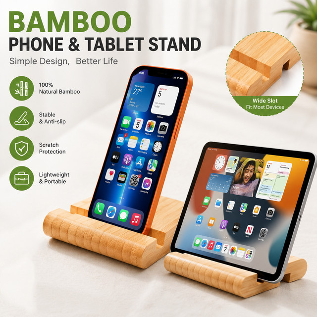 Handy Halter aus Holz in Braun für iPhone, iPad, Samsung und Laptop als Desktop Halterung - Bild 1