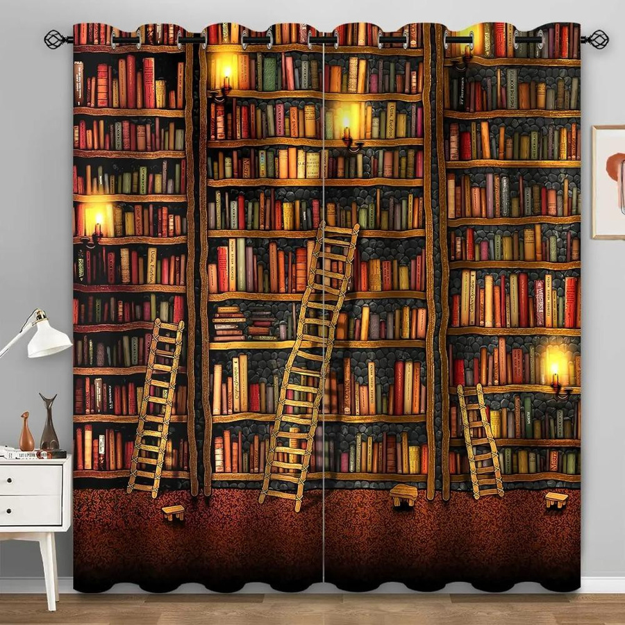 Yiran Furniture Vintage Vorhänge mit Bücherregal-Bibliothek-Motiv, halbtransparent, Polyester, Mehrfarbig, 2er-Set, Breite: 60 cm, Höhe: 60 cm - Bild 1