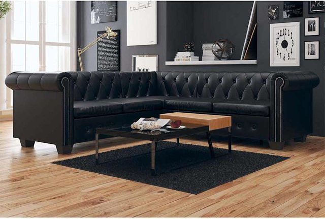 vidaXL Chesterfield Ecksofa 5-Sitzer in Schwarz aus Kunstleder mit Holzrahmen, L-Form, B: 205 cm, T: 142,5 cm, H: 73 cm - Bild 3