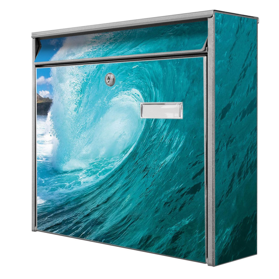 banjado Burg Wächter Wandbriefkasten Modell Mail aus verzinktem Stahlblech mit Wellen-Meer-Motiv in Silber, B/H/T: 36 x 32 x 10 cm - Bild 1