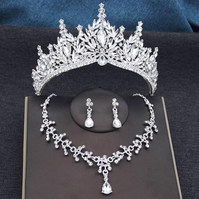 YIRAN Schmuckset Tiara, Halskette, Ohrringe, Messing, Kristall, Weiß, Damen - Bild 1