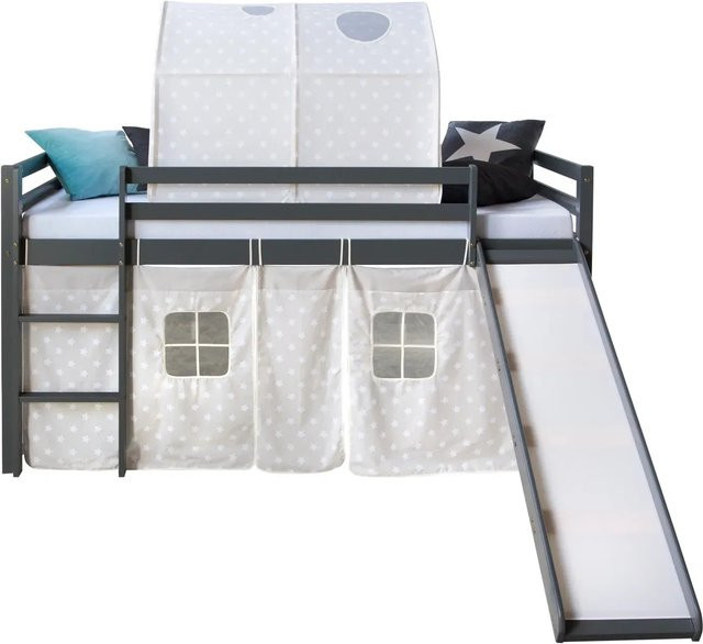Homestyle4u Kinder Hochbett aus Kiefernholz mit Rutsche, Tunnel und Vorhang in Grau Sterne, B/T/H: 207 x 90 x 187 cm - Bild 1