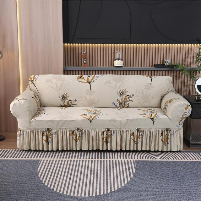 Elastischer Sofabezug mit Volant in Beige, bedrucktes Floral-Design für 1- bis 4-Sitzer Sofas - Bild 1