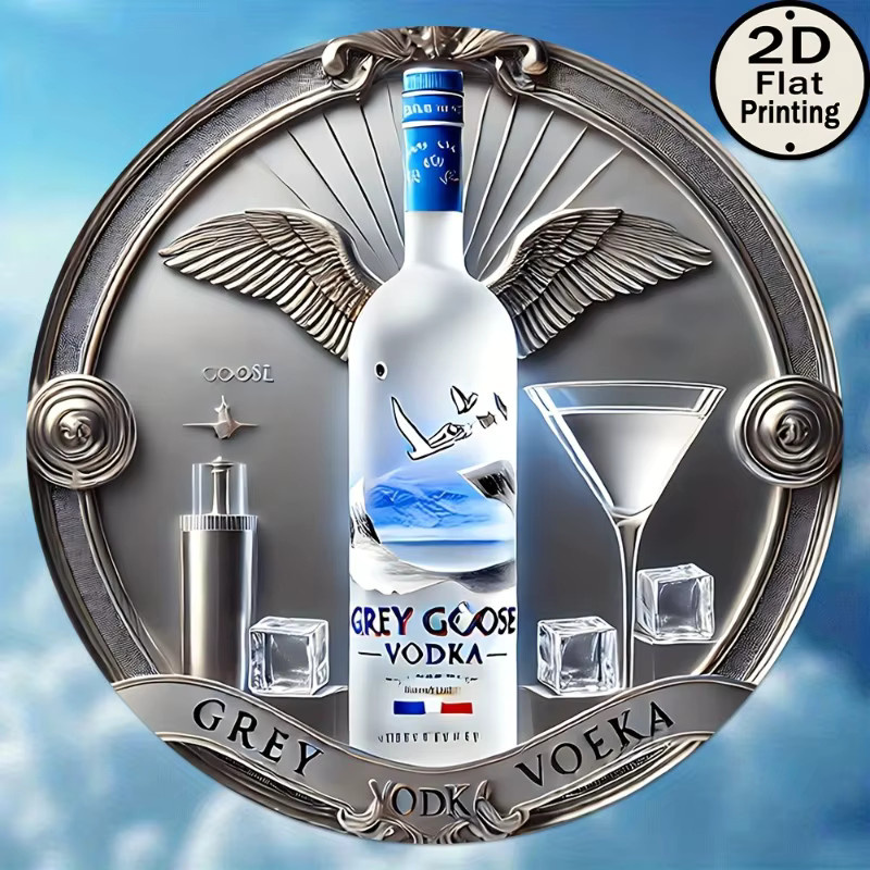 Rundes GooseVodka Wandblechschild aus Metall von Potdemiel in Grau mit Eiswürfel-Grafik für Wohnzimmer, Café oder Außenbereich - Bild 5