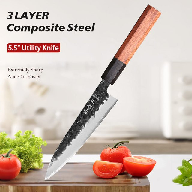 TUEWHO Japanisches Universal-Küchenmesser aus handgeschmiedetem 3-lagigem Verbundstahl, 14 cm, Silber - Bild 1