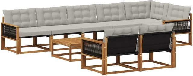 vidaXL Outdoor-Sofagarnitur L-Form aus massivem Akazienholz mit 9 Textilene-Kissen in Natur und Grau - Bild 1