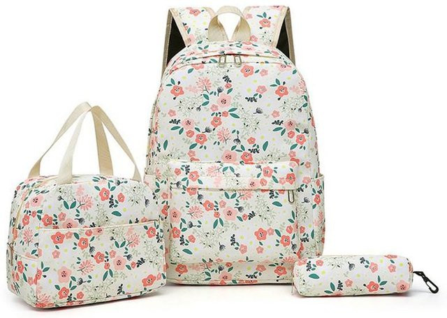3-teiliges Schulranzen-Set für Mädchen mit Blumenmuster, Rucksack, Brotdose und Federmäppchen in Weiß - Bild 1