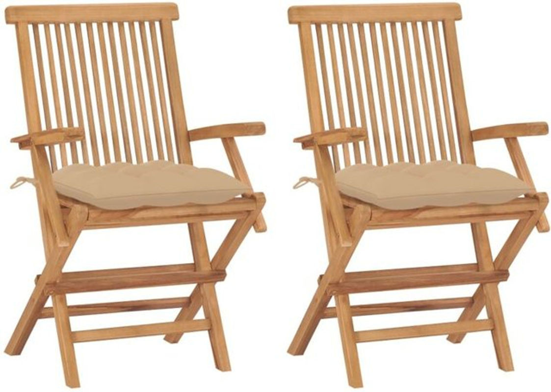 Set aus 2 Gartenstühlen aus Massivholz Teak in Braun mit beigen Kissen von vidaxl im rustikalen Design - Bild 1
