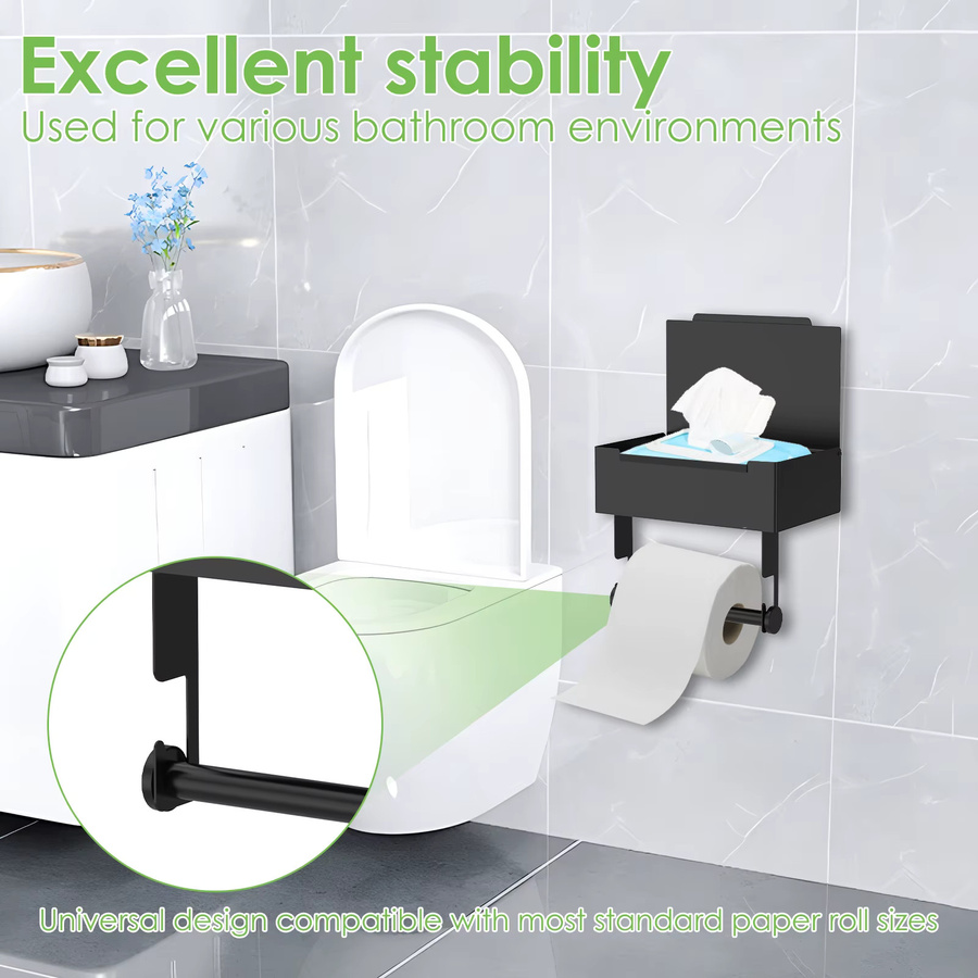 Edelstahl Toilettenpapierhalter in Schwarz als Wandhalterung mit Staubschutz und Regal Organizer für dein Badezimmer - Bild 2