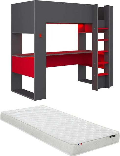 Vente-unique Hochbett Noah in Anthrazitgrau und Rot, B/T/H: 90 x 200 x 206 cm - Bild 1
