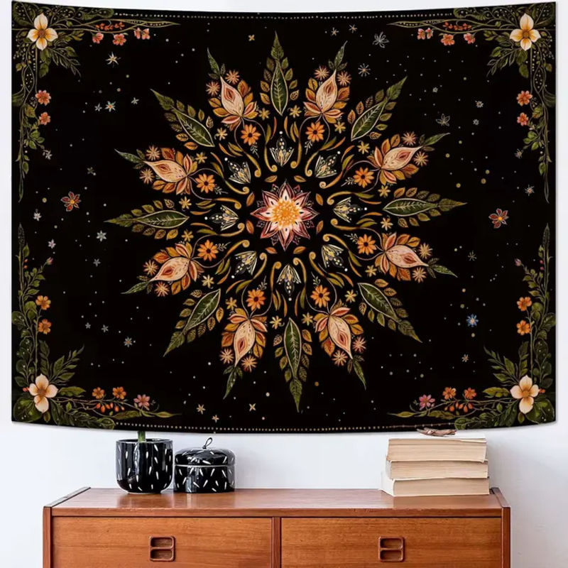 VIKAMA Bohemian Mandala Wandteppich mit floralem Print in Schwarz und Grün, rechteckiges Textil-Wandbild zur Dekoration - Bild 4