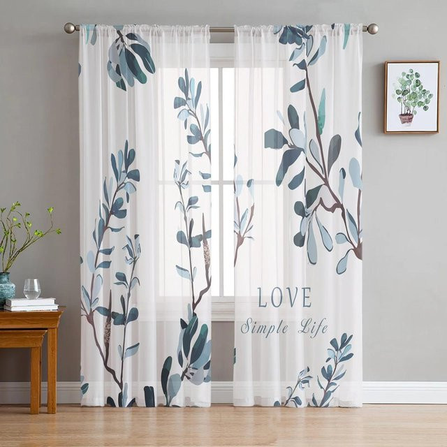 Transparenter Tüllvorhang von A Family Of Home Textiles mit blauem und grünem Blumenmuster, Breite: 135 cm, Höhe: 137 cm - Bild 1
