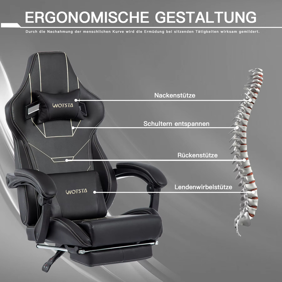 WOTSTA Gaming Chair Ergonomischer Racing Computerstuhl in Schwarz mit Fußstütze und Kopfstütze, gepolstert aus Kunstleder - Bild 4