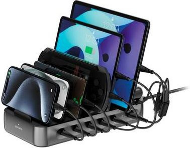 4Smarts Tischladestation 100W mit USB-A, USB-C, Lightning und Micro-USB Quick Charge in Schwarz und Grau - Bild 1