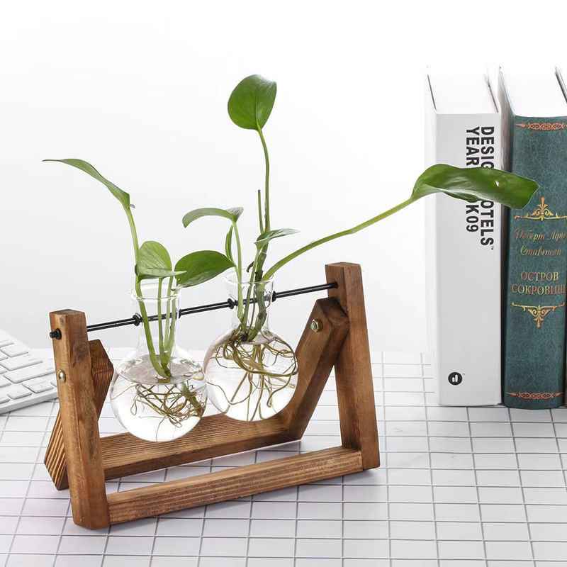 Vintage Hydrokultur Pflanzenvase aus Glas mit rundem Holzrahmen für Bonsai und Terrarium, transparent - Bild 2