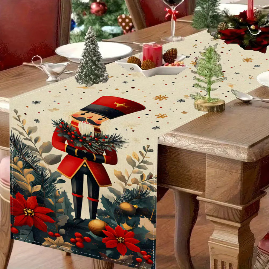 VIKAMA Weihnachts-Tischläufer mit Soldat und Blumenbeerenmuster in Kastanienbraun und Multicolour, Rechteckig, B/T: 90 x 33 cm - Bild 3