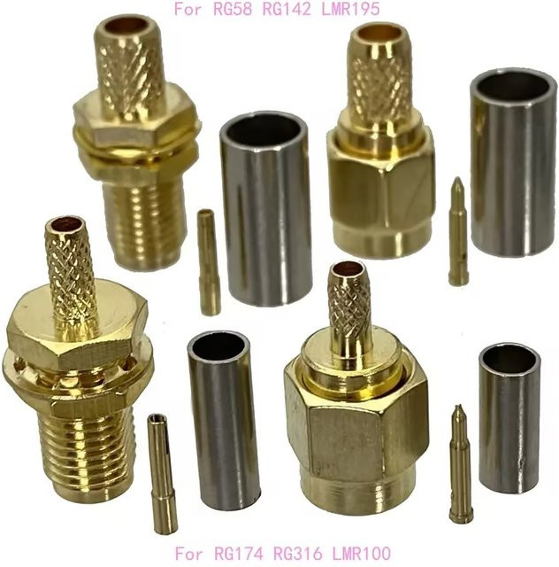 SMA Stecker und Buchse Set mit Schott Crimp für RG316 RG174 RG58 RG142 LMR195 Koaxialkabel in Gold - Bild 1
