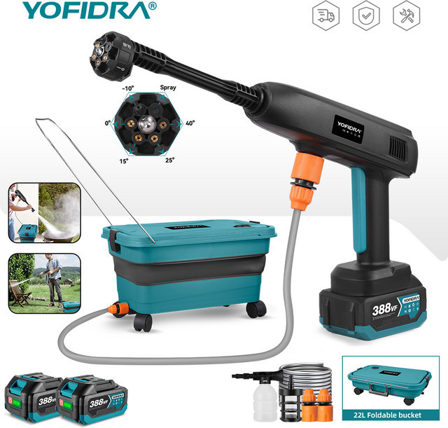 YOFIDRA 6in1 Elektrische Hochdruck Wasser Spritzpistole mit 22L faltbarem Wasser Eimer für Makita LXT Akkus - Bild 1