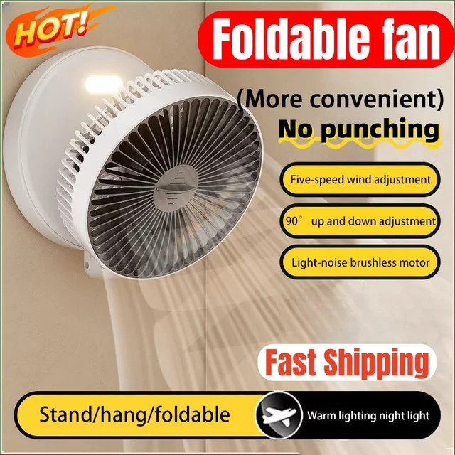 XMSJ 3in1 Multifunktionaler Tragbarer Ventilator mit 5000 mAh Akku, Wandventilator und Faltventilator in Weiß mit 4 Geschwindigkeitsstufen und warmem Nachtlicht - Bild 1