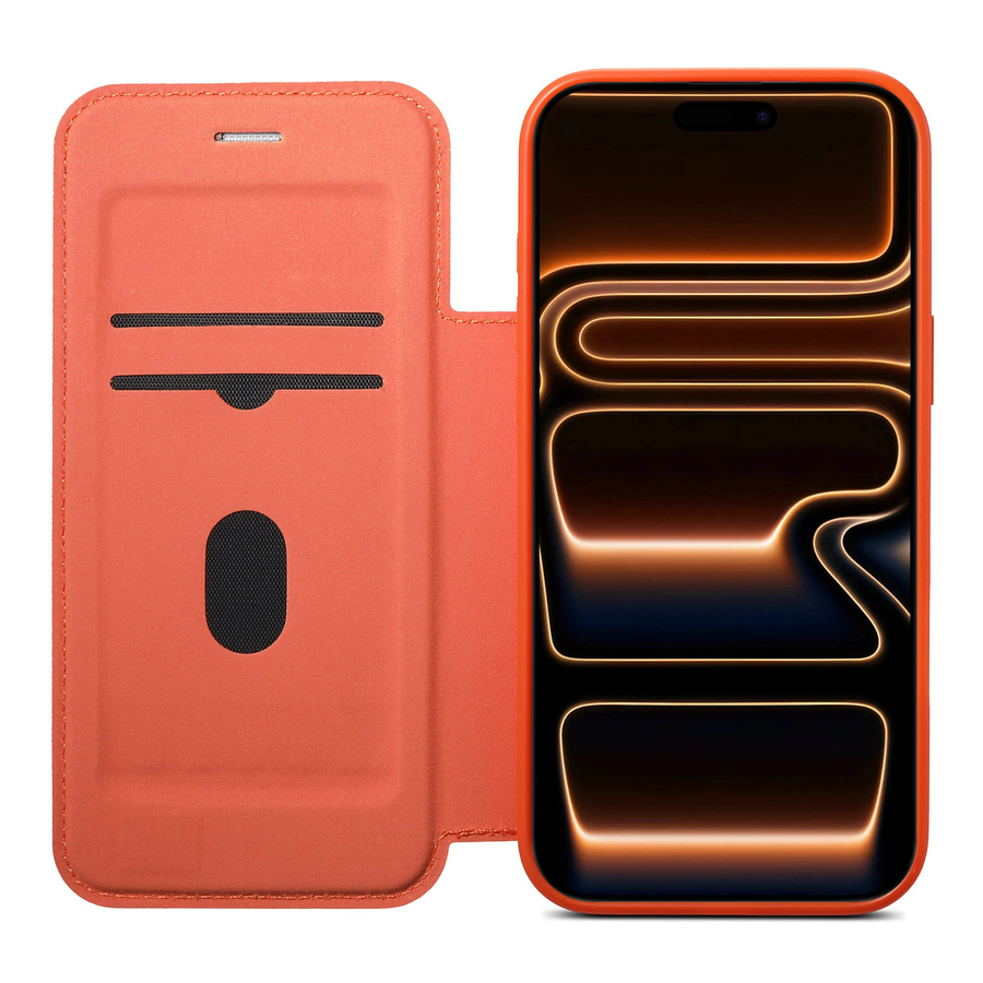 Apple iPhone 17 Pro Max Air Handyhülle aus Kunstleder mit Kartenhalter, Ständer und Magnetverschluss in Schwarz oder Orange - Bild 3