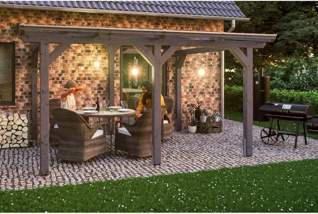 Skan Holz Terrassenüberdachung Siena aus Leimholz in Schiefergrau mit Polycarbonat-Dach, Breite: 434 cm, Tiefe: 350 cm - Bild 1