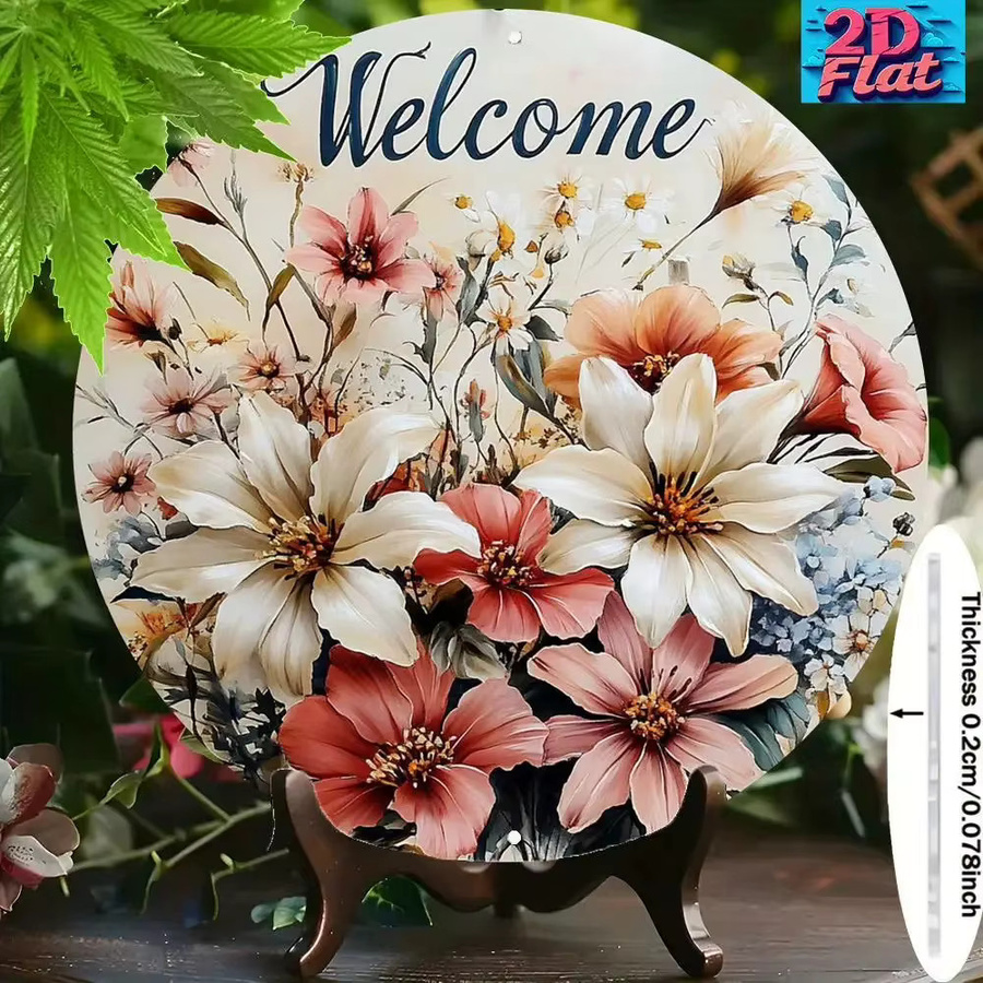 Potdemiel Florale Willkommens-Wanddekoration aus Metall, runde Wandplatte mit Blumenmotiv, Durchmesser: 20 cm, Mehrfarbig - Bild 2