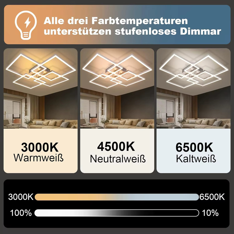 Cliheet 4-flammige LED-Deckenleuchte in Silber, 48 W, 5500 lm, dimmbar mit Fernbedienung, moderne quadratische Unterputzleuchte für Wohnzimmer und Küche - Bild 2