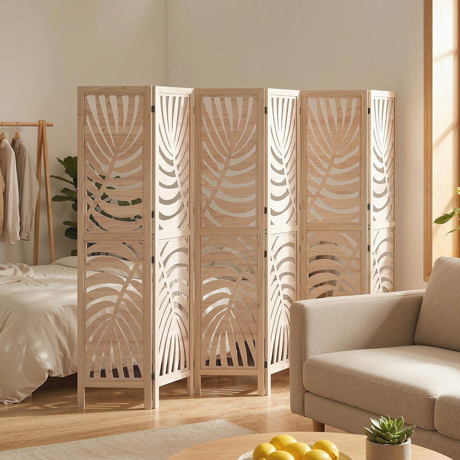 HOMCOM Raumteiler aus Holz mit 6 Paneelen und Blättermotiv in Naturholz, faltbar und tragbar, B/H: 240 x 170 cm - Bild 2