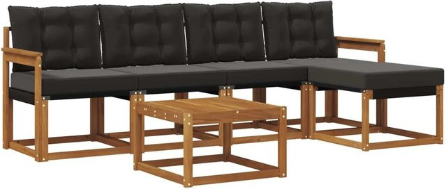 vidaXL Outdoor-Sofagarnitur 6-teilig aus Akazienholz und Textilene in Natur und Schwarz mit Kissen - Bild 1