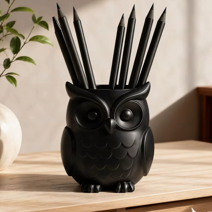 Niedlicher Eulen-Stifthalter und Make-up-Pinsel-Organizer aus Kunststoff in Schwarz - Bild 3